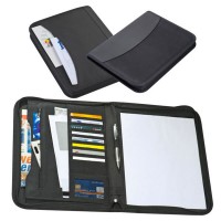 Conférencier a4 personnalisé, noir avec bloc notes, rangement documents et cartes de visite, fermeture éclair et poche externe