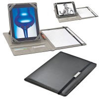 Conférencier A4 publicitaire pour tablette tactile, consultation à plat ou lecture, bloc papier, rangement cartes de visite