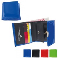 Porte-monnaie simili cuir couleur personnalisé avec rangement billets et compartiment pour la monnaie à fermeture pression et 4 rangements carte bancaire. Porte monnaie publicitaire couleur : noir vert rouge bleu