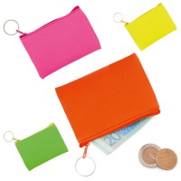 Porte-monnaie personnalisé aux couleurs acidulées à fermeture éclair et anneau. Porte-monnaie publicitaire coloris vert jaune rose rouge