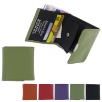 Porte-monnaie personnalisé en simili cuir haut de gamme avec poche billets et compartiment pour la monnaie à fermeture pression et rangements carte de crédit. Porte-monnaie publicitaire pas cher couleur : noir orange rouge vert violet.