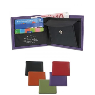 Porte-monnaie personnalisé en simili cuir avec une poche billet, une poche pour la monnaie à fermeture par bouton pression et 3 rangements carte de crédit