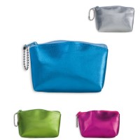 Petite trousse à maquillage personnalisée aux couleurs brillantes (argenté, bleu, vert, rose).