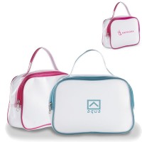 Trousse à maquillage blanc transprent avec liseré couleur (bleu, rose). Trousse maquillage personnalisé publicitaire