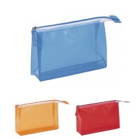 Trousse à maquillage personnalisée publicitaire en PVC couleur transparent (bleu, orange, rouge).