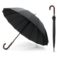 Grand parapluie noir personnalisé, ouverture automatique, 16 baleines et poignée bois. Parapluie luxe publicitaire.