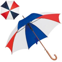 Parapluie supporter équipe de France (bleu, blanc, rouge) personnalisé publicitaire avec poignée courbée en bois.