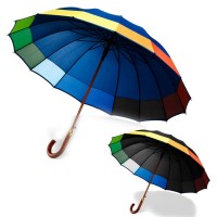 Parapluie personnalisé noir ou bleu avec bordure multicolore. Parapluie publicitaire original pas cher.