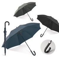 Grand parapluie personnalisé avec manche et 8 baleines en fibre de verre coupe vent, ouverture automatique et poignée finition caoutchoutée. Coloris : noir, gris, bleu