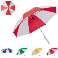 Parapluie golf personnalisé bicolore, coloris : bleu blanc, blanc rouge, vert blanc, jaune blanc. Parapluie publicitaire 2 couleurs poignée en bois
