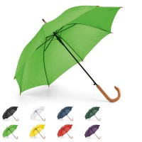 Parapluie personnalisé, ouverture automatique, poignée canne bois, 8 baleines, coloris : noir, blanc, bleu, vert, vert clair, jaune, rouge, violet