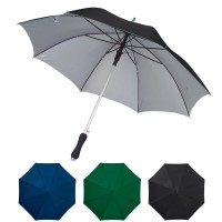 Parapluie personnalisé avec toile noir, bleu ou verte et intérieur gris, poignée ergonomique. Parapluie publicitaire robuste et léger.