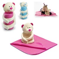 Couverture polaire avec doudou peluche ours personnalisée bleu ou rose. Plaid polaire publicitaire