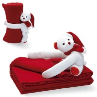 Plaid polaire enfant. Couverture polaire rouge personnalisée avec peluche ours blanc publicitaire doudou