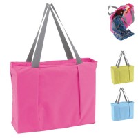 Grand sac shopping et plage personnalisé publicitaire. Coloris unis : rose, bleu, vert. Compartiment à fermeture éclair.