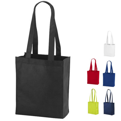 Tote bag publicitaire personnalisé à soufflet coloris : noir, blanc, bleu, vert, rouge
