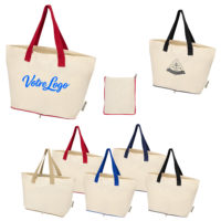 Grand sac pliable en coton recyclé écru avec anses en couleur personnalisable avec votre logo et ou texte pour entreprise ou association