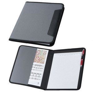 Conférencier A4 personnalisé gris avec bloc 20 pages, poche documents et passant stylo
