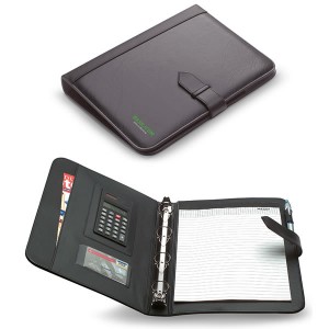 Conférencier classeur A4 personnalisé avec bloc papier, calculatrice et rangements documents et cartes de visites
