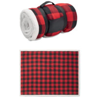 Couverture plaid polaire à carreaux rouges et noirs personnalisé avec votre logo d'entreprise ou texte.