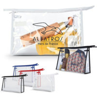 Trousse de toilette transparente personnalisable avec votre logo et texte. Trousse transparente voyage en avion.