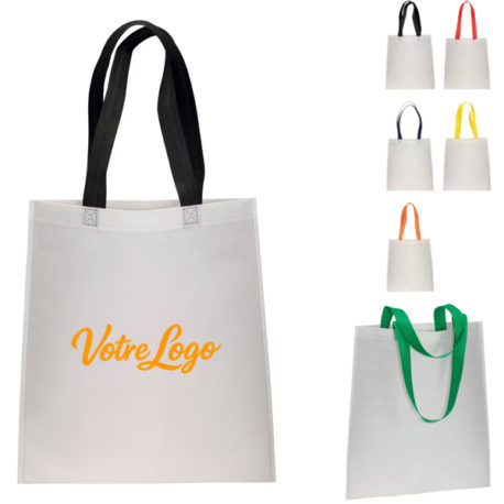 Sac blanc anses longues couleur, personnalisé avec votre logo entreprise, commerc ou association. Sac publicitaire pas cher Trento.